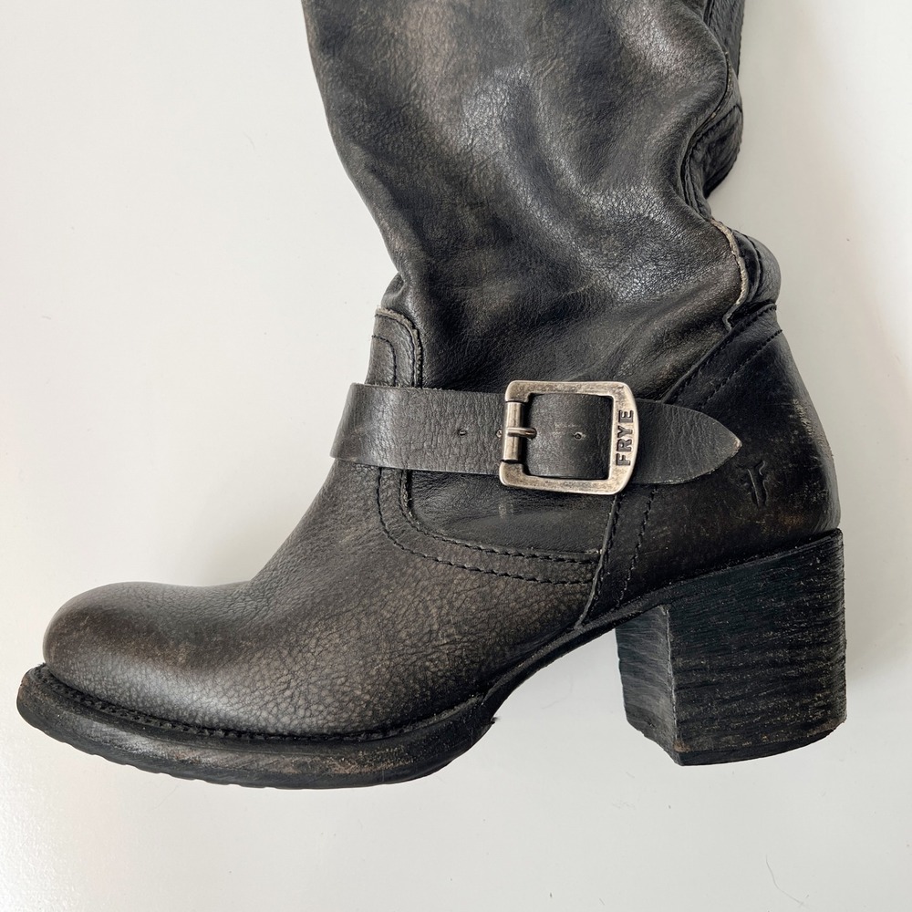 Vintage Frye Slouch Campus Boots Size 8 Black Leather Moto Biker Knee High Tall - Picture 9 of 14